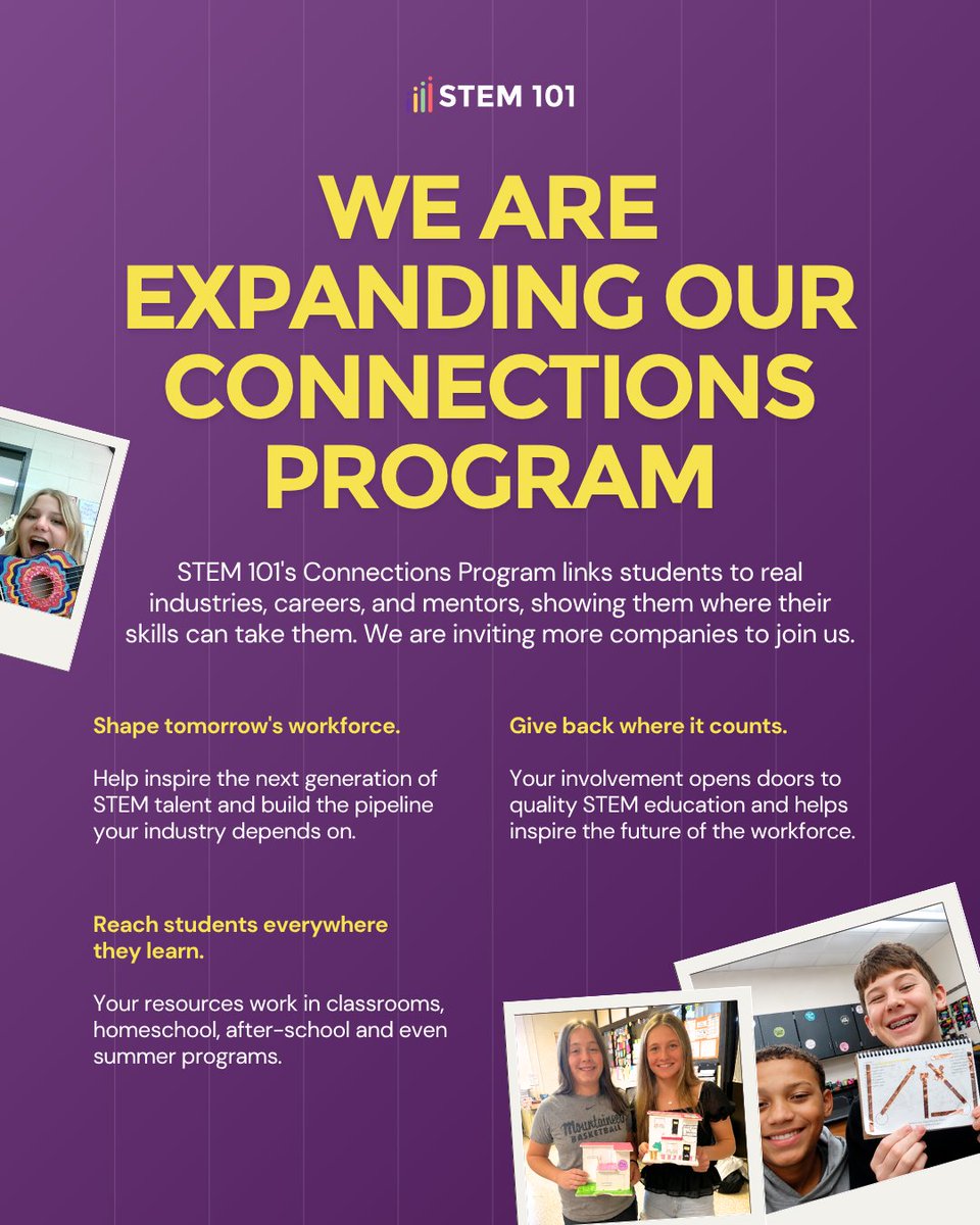 STEM101's tweet photo. We are growing our Connections Program, and we are looking for companies to join us!

Know a company that wants to give back to education and help inspire the next generation? Send them our way.

Reach us at info@stem101.org or learn more at https://t.co/SY6L2Eja3P

#STEM101 #STEMeducation #Partnerships