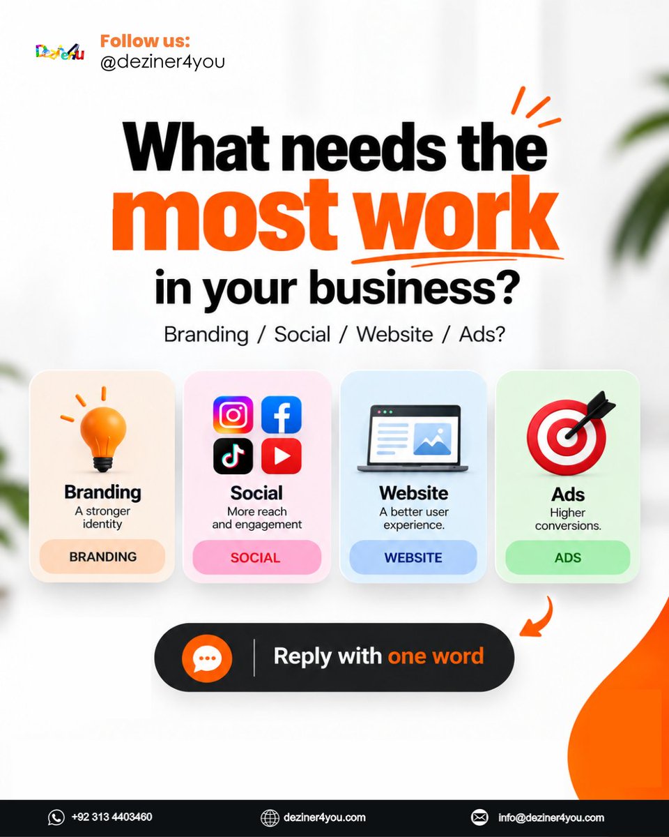 deziner4you's tweet photo. What needs the most work in your business right now? 

🤔 Branding, Social, Website, or Ads? Reply below! 

#Deziner4you #BusinessGrowth https://t.co/wri7ujQS0p