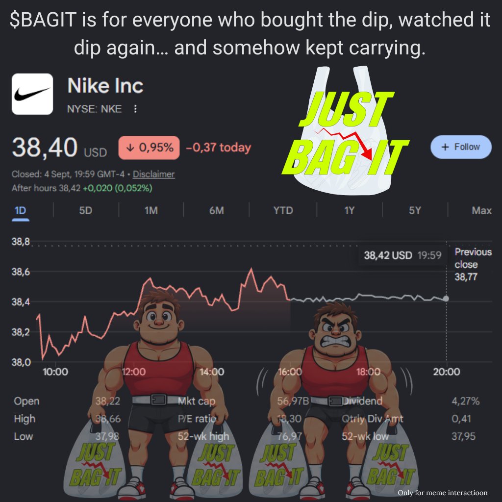 JustBagItCoin's tweet photo. Go get your TWO bags 🎒🎒
Nike leaving the S&amp;P 100 we gave u the meme: 
https://t.co/E1a7RbNCt8 📉

$BAGIT
No fake roadmap.
No promises.
No revolutionary utility.
Just a meme, a community, and some seriously heavy bags. 💪

JUST BAG IT. https://t.co/G5IeJFN0Lu