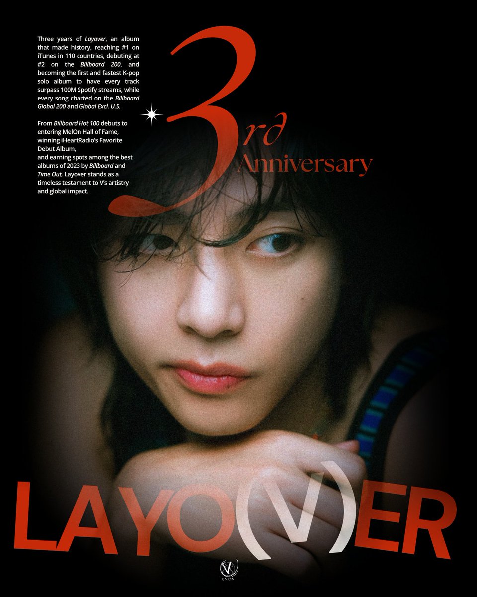 VGlobalUnion's tweet photo. Happy three years since Taehyung’s intimate, distinctive &amp; timeless debut album, Layover, which stands as a defining chapter in his musical journey and remains a most celebrated masterpiece that continues to linger, comfort &amp; inspire!

MUSICIAN EXTRAORDINAIRE V
#3YearsWithLayoVer https://t.co/iabhmhW6qO