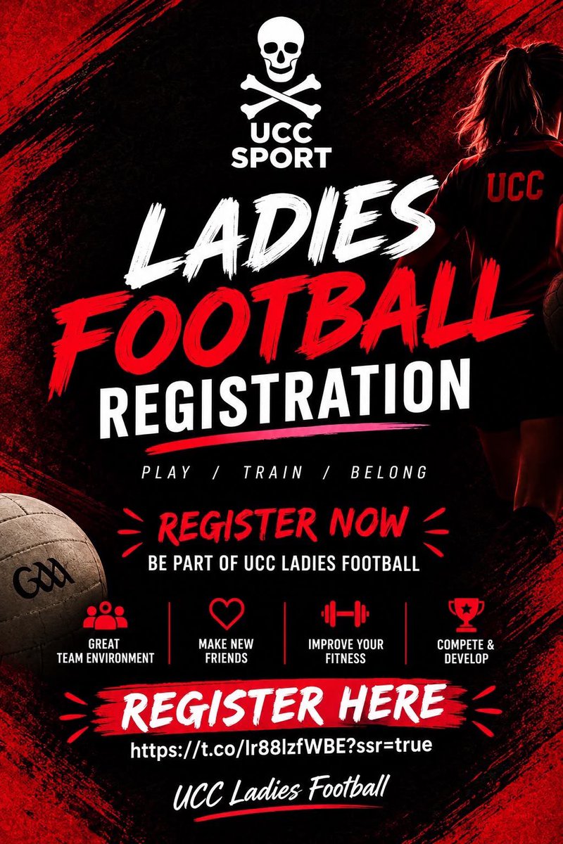 ucc_gaa's tweet photo. UCC Ladies Football registration is OPEN! Make sure to get involved!
We look forward to welcoming all to trials next week 👀

Register here: https://t.co/lr88lzfWBE or simply use our link in bio

☠️🔴⚫️

#UCCLadiesFootball #UCCGAA https://t.co/rIQz5SrAgA