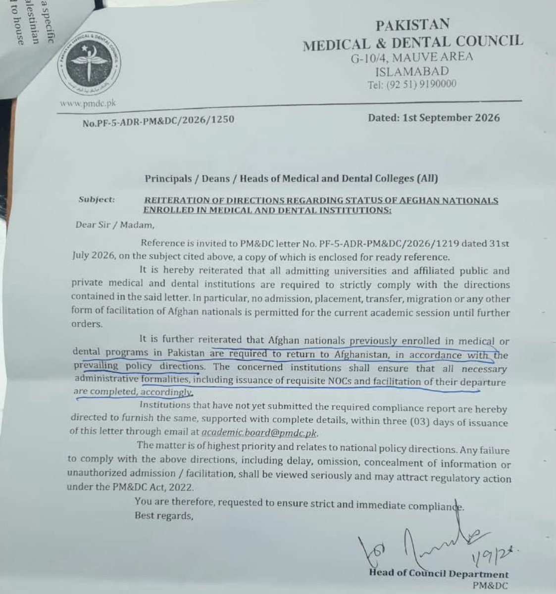 ThisisOshaz_'s tweet photo. PMDC just issued a notification that all Afghan students currently enrolled any medical/dental college are required to return back to their country with immediate effect. Harmless students who took the legal route. https://t.co/bM8d3wJwNZ