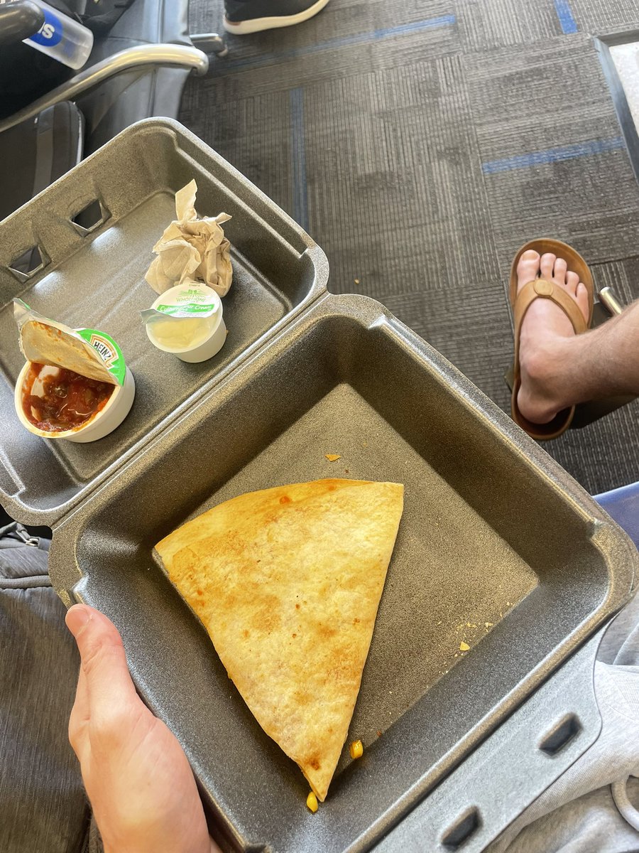 mbowser19's tweet photo. Lascerated my genitals this weekend trying to climb a fence. Spent 36 hours in the hospital instead of my cousins wedding. At one point I saw a bright light and accepted this may be the end. 

Airport quesadilla https://t.co/GmlmXlUXU2