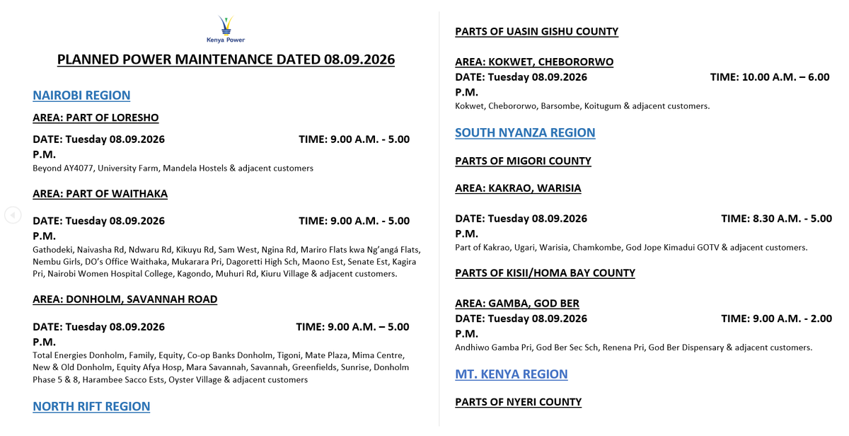 KenyaPower_Care's tweet photo. Good Evening. Please find the areas scheduled for power maintenance tomorrow, Tuesday, 8th September 2026. F.N https://t.co/fa7CwMQJqe