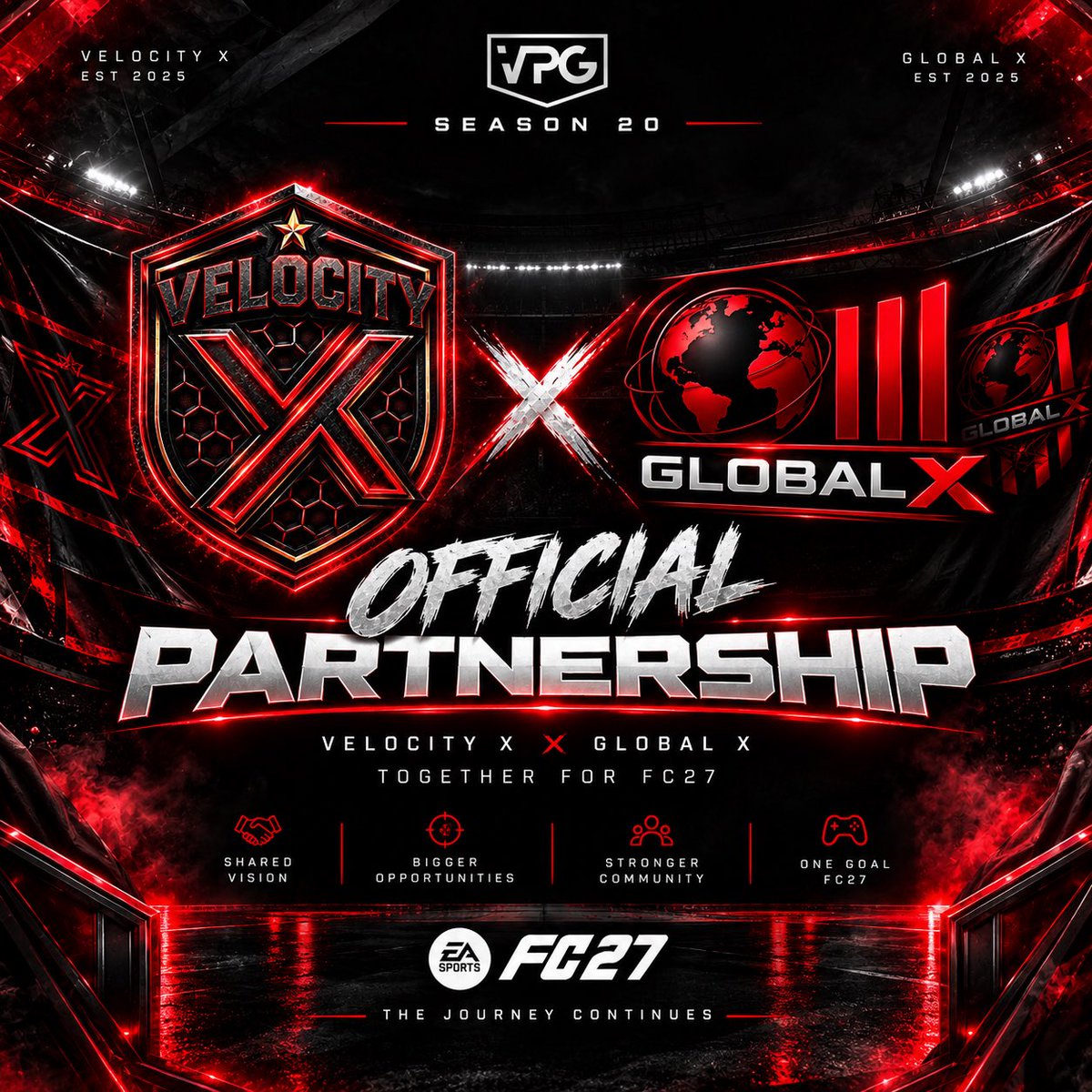 VelocityX25's tweet photo. 🚨 OFFICIAL PARTNERSHIP 🚨

Velocity X are delighted to announce our new partnership with Global X for FC27! 🔴⚫

Global X will be supporting us with league entries throughout FC27 as we look to build something bigger together. 🤝

More to come… 👀 @GlobalX2026 @OfficialVPG https://t.co/onEixyKQrK