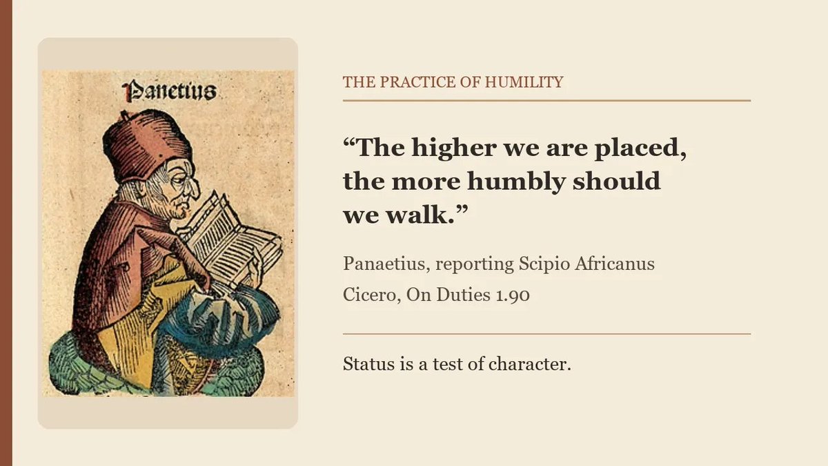 ErkinNocturne's tweet photo. "The higher we are placed, the more humbly should we walk."  
Panaetius, reporting Scipio Africanus, Cicero, On Duties 1.90

Status is a test of character, not a reason to stand taller. #Stoicism #Humility #Philosophy https://t.co/e9aAwnrF3l