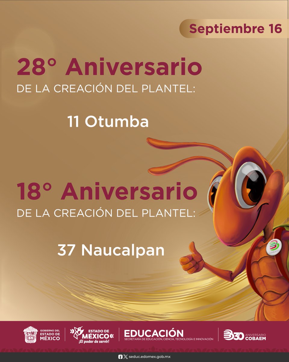 COBAEMex's tweet photo. Un año más de impulsar talentos, acompañar sueños y construir oportunidades. 📚

¡Felicidades a los planteles 11 #Otumba y 37 @CobaemN por celebrar un nuevo aniversario! 🎉

#SomosCOBAEM https://t.co/haVDPgLdlT
