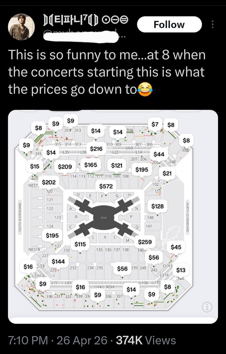 Bangbongc's tweet photo. At least they don't reach the point of desperation to sell tickets for $4 or even give them away. The nerve 😂🤣 #btsdisband https://t.co/eLhi1b3rRr