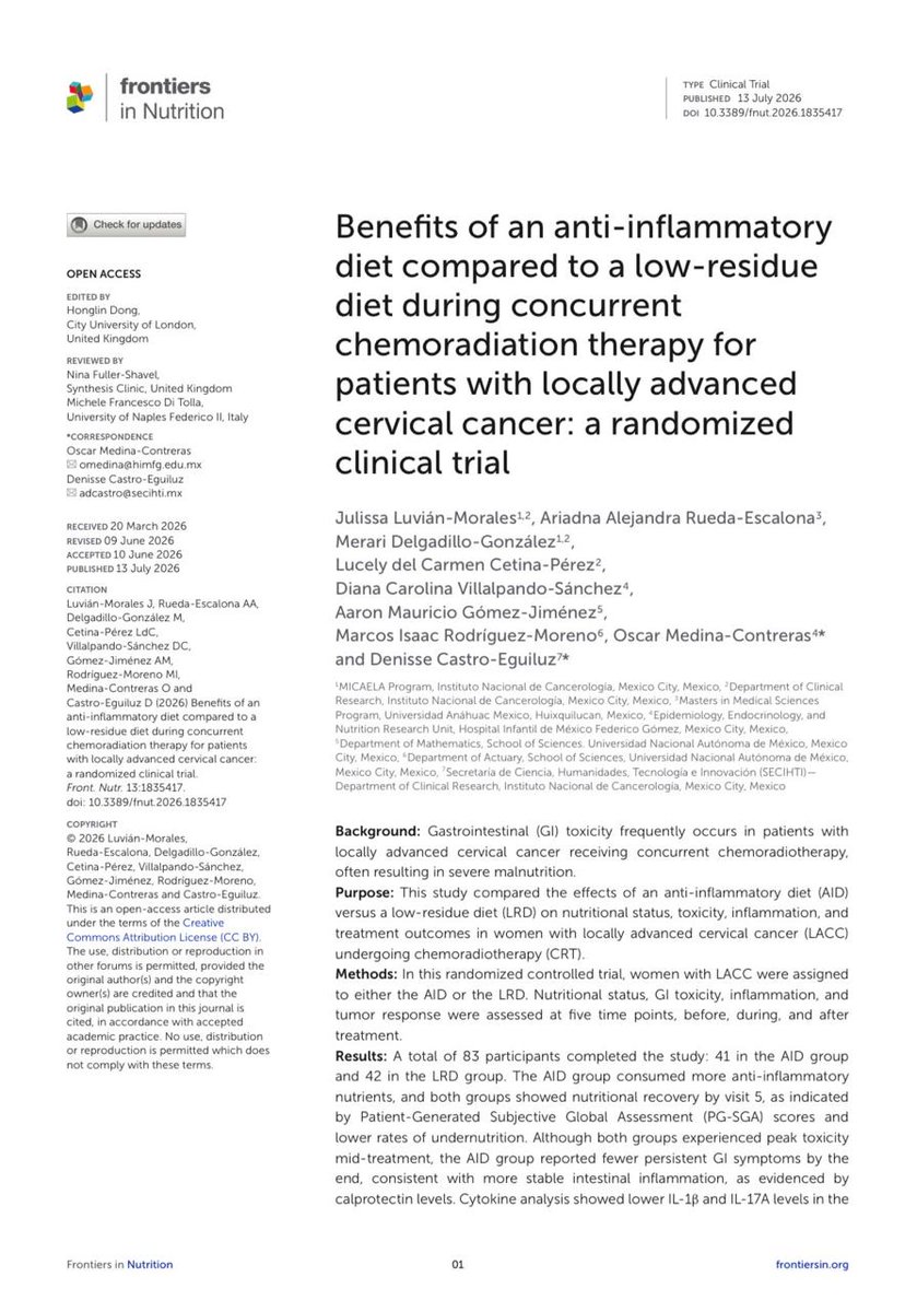 ogarrieta's tweet photo. Beneficios de una dieta antiinflamatoria en el tratamiento del cáncer cervicouterino

Un trabajo que evalúa el impacto del soporte nutricional en pacientes con cáncer cervicouterino. Destacamos la valiosa colaboración de las investigadoras del @incanMX: Dra. Julissa Luvián Morales, Dra. Lucely del Carmen Cetina Pérez, Dra. Denisse Castro Eguiluz, Mtra. Merari Delgadillo González y cols.

#INCanInvestiga #PublicacionesINCan