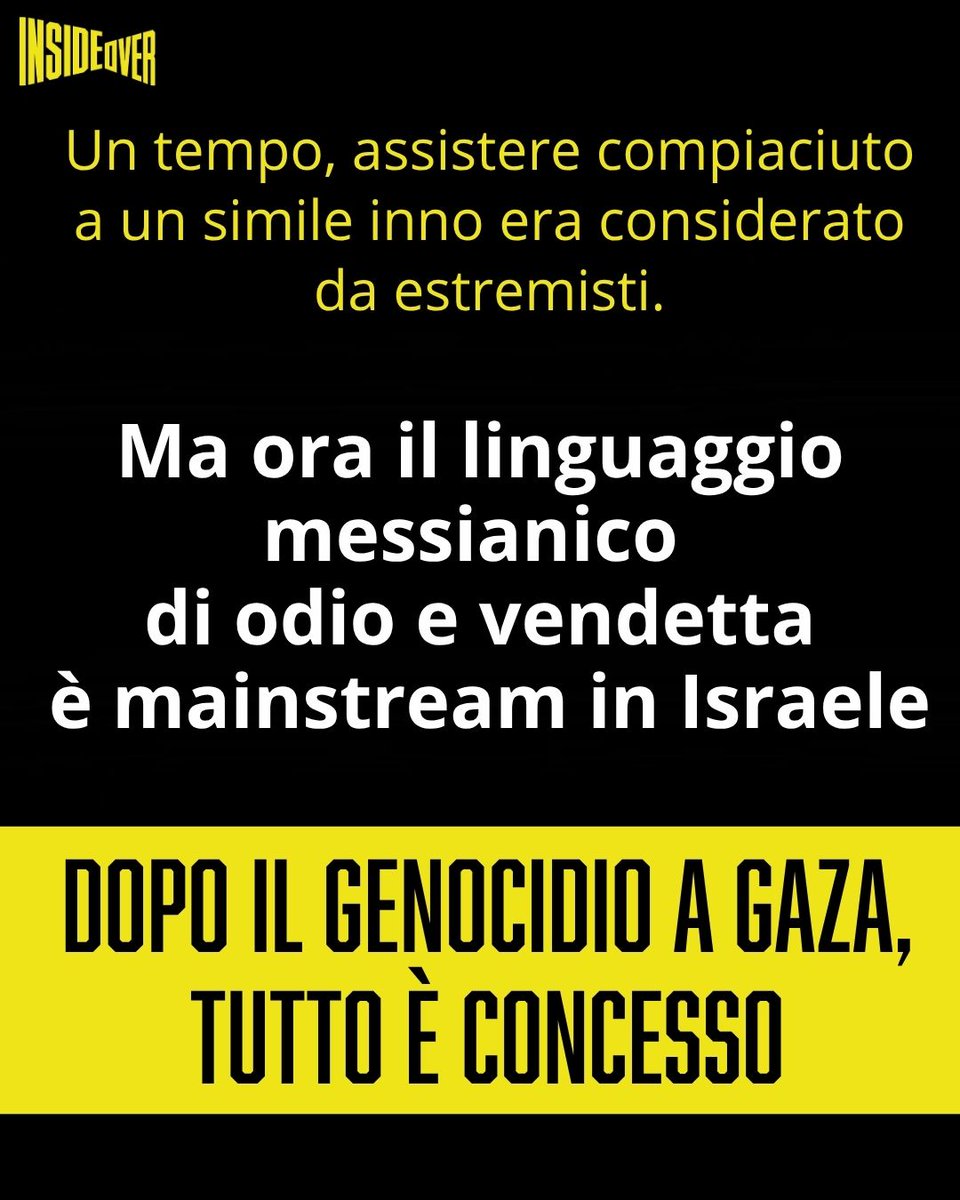 insideoverita's tweet photo. In piena campagna elettorale, il premier israeliano Benjamin Netanyahu visita a una scuola religiosa ebraica (yeshiva) di Sderot, nel sud di Israele. 

Davanti a lui una folla di giovani intona: “Ricordati di me, per favore, dammi la forza solo questa volta, o Dio, di vendicarmi, se non altro per uno dei miei due occhi, sulla Palestina”.

Benjamin Netanyahu ascolta, sorride e annuisce condiscendente.

La canzone, titolata “Zochreini Na” (“Ricordami, per favore”), non è solo un incitamento all'odio e alla violenza. Ma è l'inno per antonomasia del movimento kahanista, fondato dal rabbino Meir Kahane, considerato a lungo un movimento terrorista anche in Israele.

Il brano originale si basa su un versetto biblico del Libro dei Giudici in cui Sansone chiede a Dio la forza per vendicarsi dei Filistei. 

 Nella versione cantata davanti a Netanyahu, la parola "Filistei" è stata sostituita con "Palestina”.

Il coro bellicoso prosegue poi con un’aggiunta inedita: “Che il loro nome sia cancellato!”. Il riferimento è chiaramente ai palestinesi.

Tempo fa questo canto era popolare soprattutto tra i coloni più estremisti della Cisgiordania occupata. 

Il brano è stato cantato dai partecipanti al famigerato “matrimonio dell’odio” durante il quale bruciavano o accoltellavano le foto di Ali Dawabshe, bambino palestinese di diciotto mesi bruciato vivo dai coloni nel 2015 nel villaggio di Duma, in Cisgiordania occupata.

C’è stato un tempo in cui essere presenti a un evento del genere, avrebbe significato attraversare una linea rossa. 

“Ma nel 2026 e durante questa campagna elettorale, non esiste più aDumaa linea rossa” scrive Joshua Leifer sul giornale israeliano Haaretz.

Dopo il genocidio a Gaza, tutto è concesso.

Partecipando al raduno della scuola religiosa, Netanyahu lancia un messaggio, al suo Paese e al mondo. Un messaggio chiaro: non accetterà la sconfitta alle elezioni del 27 ottobre. 

Se perderà è pronto a scatenare la violenza di piazza e a rilanciare la guerra regionale.

https://t.co/w2ZZ3fisgX

#israel #netanyahu