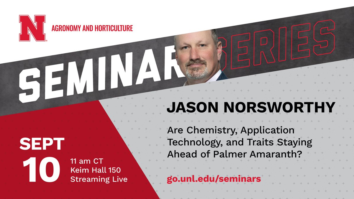 unlagrohort's tweet photo. 📢 The next #UNLAgroHort seminar is Sept. 10, 11 am, Keim 150 or https://t.co/9pTYv11FFV. @AginArk's Jason Norsworthy will examine strategies for managing Palmer amaranth, along with potential future traits that could address this ongoing challenge. #UNL #WeedManagement #PalmerAmaranth
