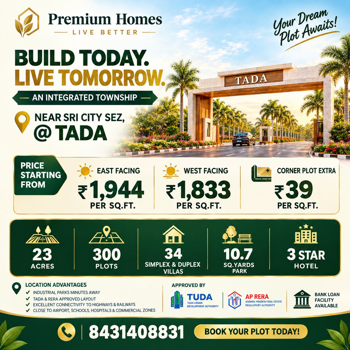 GroundedRealty's tweet photo. 🏡 Build Today. Live Tomorrow.

A 23-acre integrated township near Sri City SEZ, Tada:

• 300 plots
• 34 Simplex &amp; Duplex Villas
• 10.7 Sq. Yards Park
• 3-Star Hotel

📞 8431408831

#Tada #SriCity #RealEstate #PlotsForSale #LandInvestment #GroundedRealty https://t.co/brJQ5aoXj2