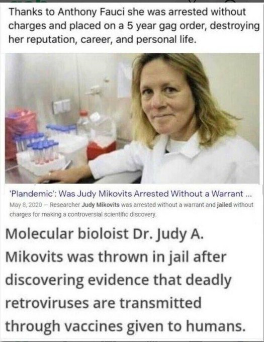 ValerieAnne1970's tweet photo. Because of Anthony Fauci, Dr. Judy Mikovits was arrested without a warrant and jailed without charges.

Her career was ruined, and all she wanted to do was save lives... https://t.co/SviQF0xyXU