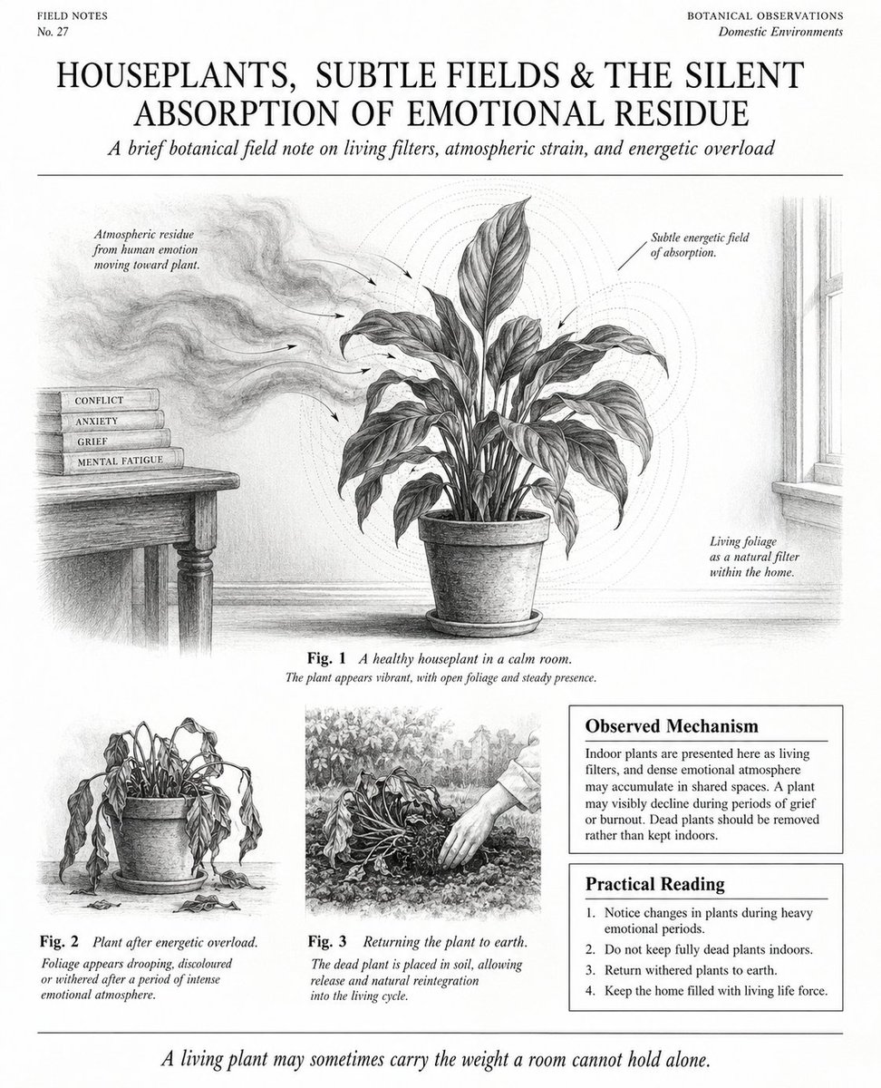 niyetsel's tweet photo. you do not have a bad green thumb.
your houseplants are actively taking energetic hits for you..

modern society treats indoor plants as simple aesthetic decor.
We buy them to make our sterile apartments feel alive.
but from an esoteric perspective, living plants are highly advanced frequency filters.
They possess an incredibly sensitive subtle field.

when you bring a sudden wave of grief, intense corporate burnout, or heavy unspoken tension into your living room, that dense static has to go somewhere.
energy never just vanishes.
The plant physically absorbs the energetic blow to protect the overall atmosphere of the room.

this is exactly why a perfectly healthy fern or pothos will suddenly wither and drop all its leaves the exact same week you go through a brutal breakup or a severe depressive episode.
ıt did not die from a lack of water or poor lighting.
It overloaded its own subtle field to keep your space energetically breathable.
It literally sacrificed its vital force so you would not have to process all that heavy density alone.

ancient shamans and earth-based healers understood this silent sacrifice completely.
they purposefully placed specific broad-leaf plants near the beds of the sick to draw the heavy frequency out of the physical body.

you have to stop feeling guilty when a plant suddenly dries up during a very difficult phase of your life.
It did its exact job.
But you must remove it from your space immediately.

Never keep dead, dried flowers or completely withered plants in your home as rustic decoration.
A dead plant physically anchors the heavy, stagnant frequency of the exact moment it died right into your living room.

take the dead plant outside and return it to the bare earth.
Thank it for processing the unseen weight you could not carry yourself.

fill your home exclusively with living life force.