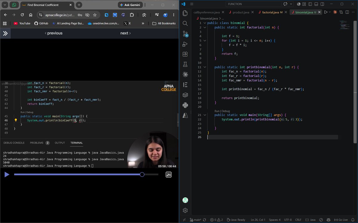 shubham759316's tweet photo. It's Day - 3 Of Learning Java The Boss Of This World
So , Today I learn  How to Print Factorial  
Then Binomial Coefficient 
#apnacollage  #100days https://t.co/LVQiJJNxez