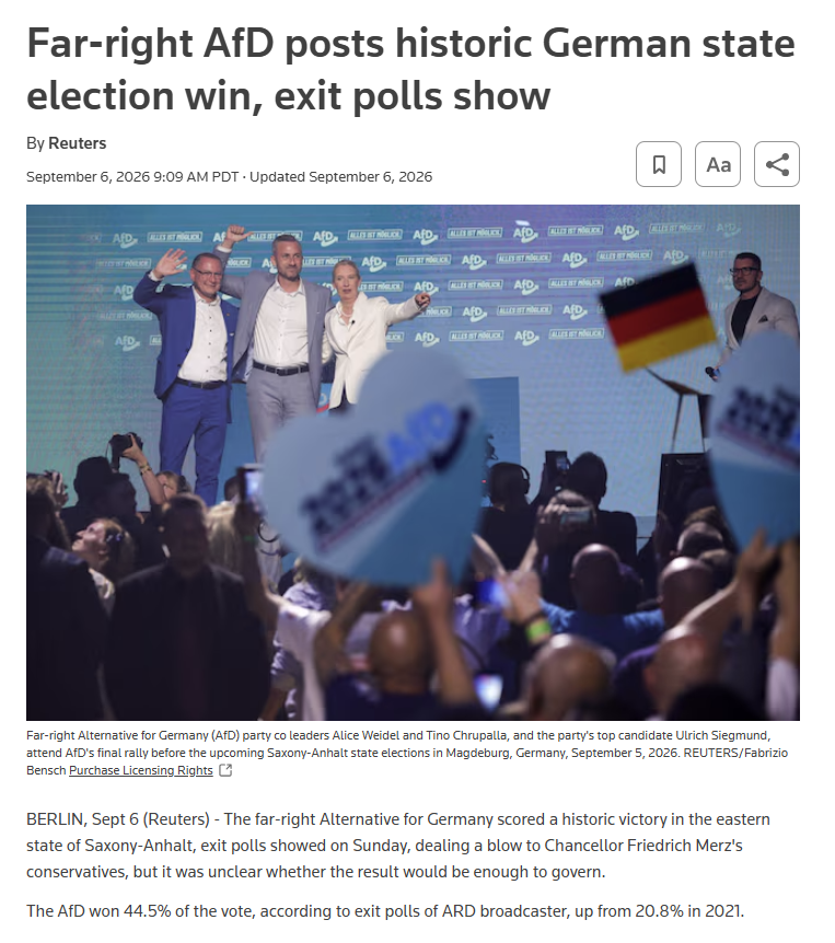 skepticaliblog's tweet photo. A useful reminder of the asymmetry in political labeling by the biased journactivists who enforce the media Narrative:

> AfD win an election in Germany: "Far-Right"⚠️
> Ortega cancels election, bans all opposition in Nicaragua: just a guy, no need to throw labels around https://t.co/XxRfaTMAF2