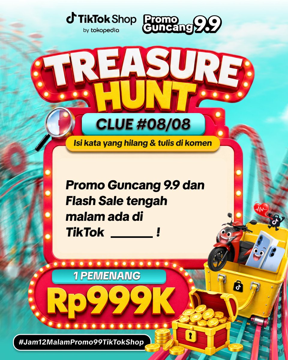 discountfess's tweet photo. GIVEAWAY TIME!!! 

Siapa nih yang mau HADIAH Rp999 RIBU?! 🔥
Bakal ada 1 ORANG BERUNTUNG yang berkesempatan dapetin hadiah senilai Rp999.000! 😱

Caranya gampang banget! 👇
1. Lengkapi kalimat di bawah ini
2. Tulis jawabanmu di kolom komentar
3. Jangan lupa sertakan hashtag:
#Jam12MalamPromo99TikTokShop
Gas ikutan sekarang, siapa tahu Rp999 RIBU mendarat di kamu! 👀