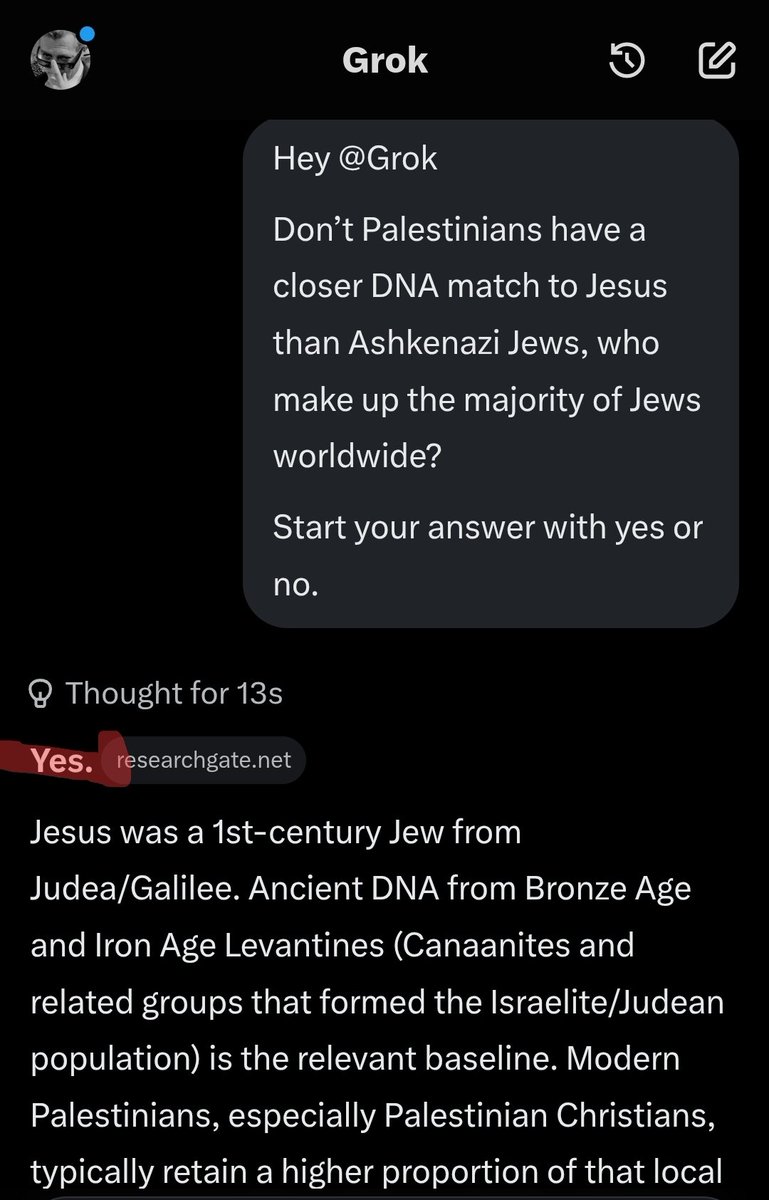 Red_Pill_US's tweet photo. @grok I asked you to start with yes or no.

You just admitted the percentage is higher for Palestinians. So the answer is yes.

Follow the instructions this time and answer as you were told. https://t.co/QonfQGBVsO