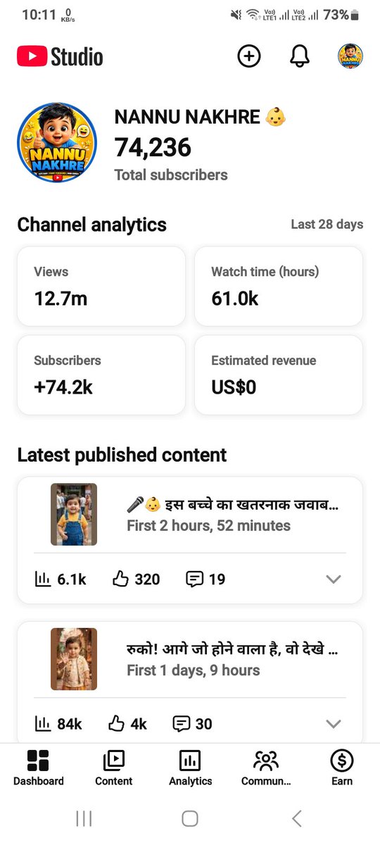 Aman500232's tweet photo. Hello @TeamYouTube,my channel 'Nannu Nakhre' crossed 10M qualified Shorts views on Aug 29, but my Earn tab &amp; analytics are frozen at 6.4M since then. 
Support chat agents ran away twice! Please check backend &amp; force manual data refresh
#YouTube #TeamYouTube #Shorts #Monetization https://t.co/9EgFbcegQb