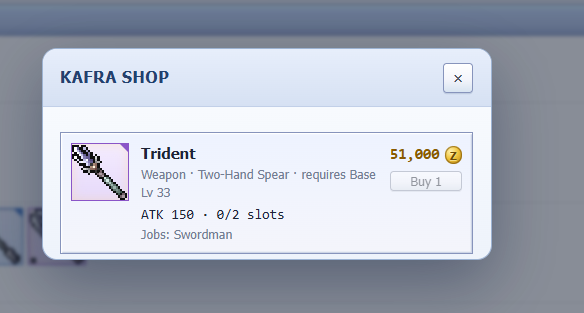 Umlayapa's tweet photo. The Trident for 51,000 mesos feels like a pretty fair deal at this level. It’s not the strongest weapon, but for a level 33 Swordsman, the 150 ATK and 2 slots make it a solid upgrade if you can afford it. Definitely worth considering. @IdleROGame https://t.co/fFpuOaRZ9i
