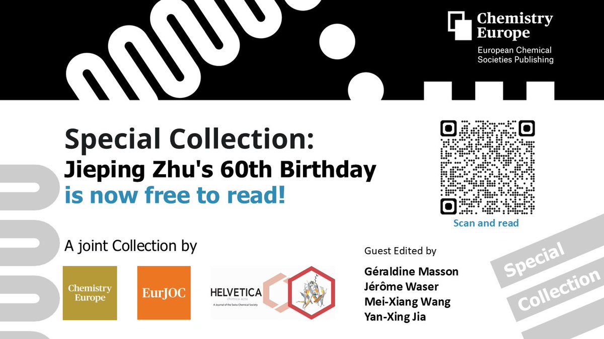 ChemEurope's tweet photo. The Special Collection dedicated to Jieping Zhu's 60th Birthday is now free-to-read!👉 https://t.co/d5fXaUMCu5

This Special Collection brings together work from former PhD students, postdoctoral researchers, collaborators, colleagues, &amp; friends.
#EJOC #ChemistryEurope #Helvetica https://t.co/MS1xFNcqOB