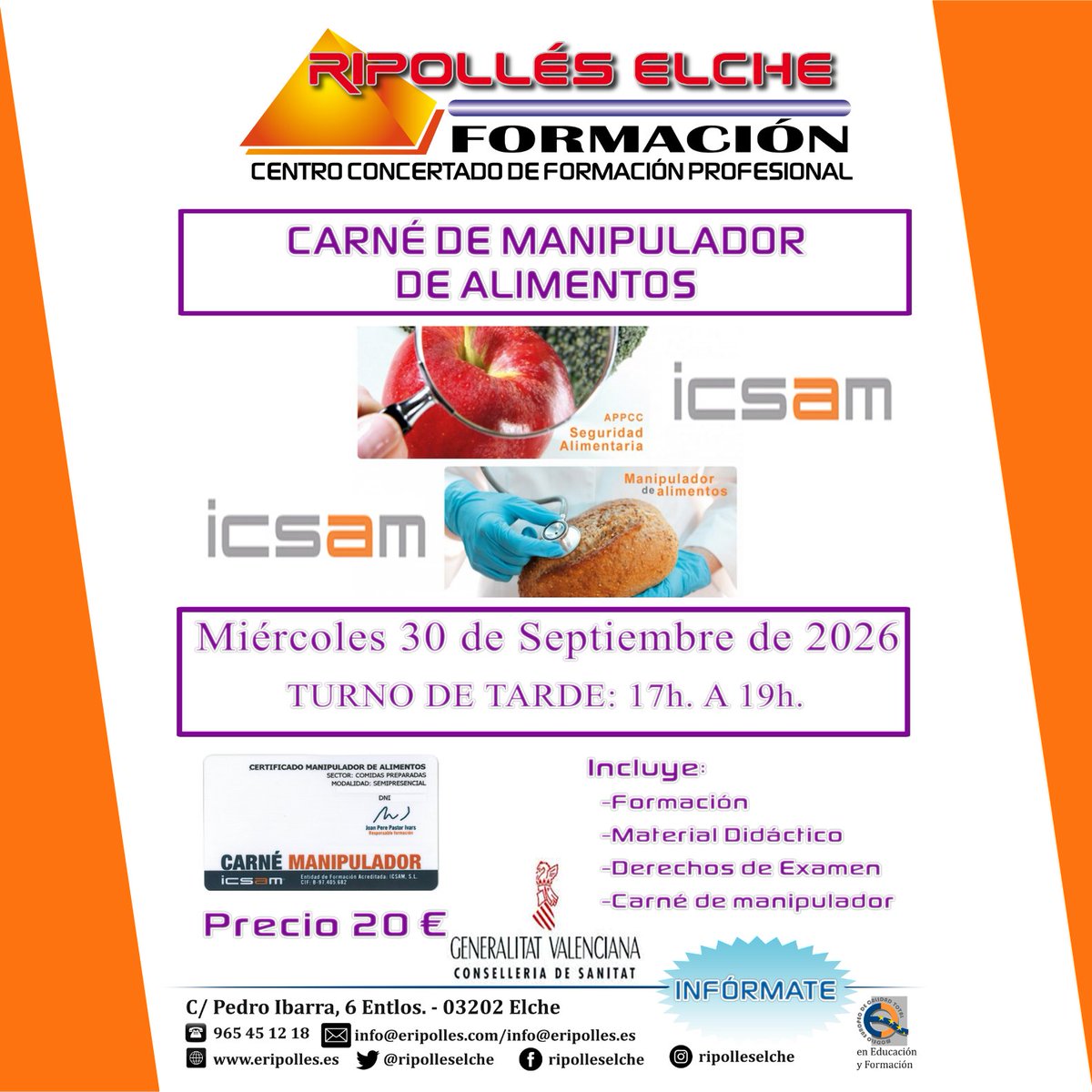 ripolleselche's tweet photo. El Miércoles 30 de Septiembre de 17:00 a 19:00 de la Tarde en Ripollés Elche nueva Sesión para la obtención del Carné de Manipulador de Alimentos.
¡Reserva tu plaza en el 965 45 12 18! o visítanos en C/ Pedro Ibarra, 6. https://t.co/eHjYKUprQC