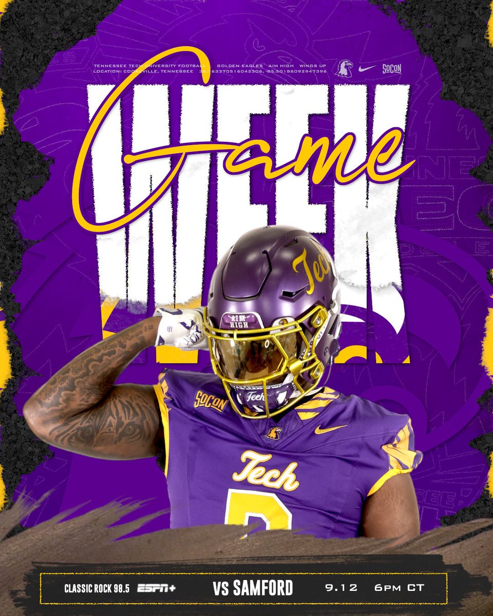 TNTechFootball's tweet photo. 🚨WEEK 2️⃣ 🚨

📍Cookeville, TN
🏟️ Tucker Stadium
📆 Saturday, September 12th
⏰ 6 PM CST
📺 ESPN ➕
📻 98.5 Classic Rock https://t.co/EKeVTNw4OI