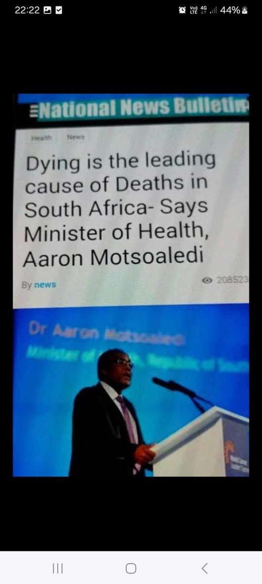 RiseAgainstEvil's tweet photo. Health Minister Aaron Motsoaledi has cracked the case of the century. Dying is now officially the leading cause of death in South Africa.

After decades of HIV, TB, diabetes, load-shedding hospitals, collapsed EMS, and “unnatural” death certificates that somehow never include farm attacks or home invasions, the ANC’s top doctor has finally identified the real culprit.

Sources close to the podium say Motsoaledi stared at the Stats SA spreadsheet for three hours, whispered “eish”, and then announced the breakthrough.

Apparently if you just write “dying” on every form, the numbers finally add up. No more awkward questions about why White farmers keep “dying” in particularly creative ways while the official list stays diabetes and hypertension.

Conspiracy theorists (and by theorists I mean anyone who has ever waited 8 hours in a government clinic) suspect this is Phase 2 of the National Health Insurance masterplan; first they make healthcare equally unavailable to everyone, then they reclassify every cause of death as “dying” so nobody can prove anything. Very efficient. Very transformation.

Next week’s press conference, “Breathing is the leading cause of living.” Stay tuned. The science is evolving. 😂