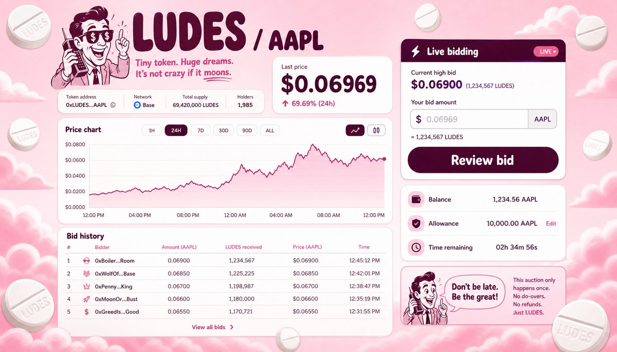 QuaaludeMarkets's tweet photo. Next two things on the workbench:

After hours - a real portfolio. every wallet you've bid from, every position, unrealised %, and a bag ranking so you know exactly where you sit. no vibes, just balances read straight off chain.

Live token pages - each launch becomes the whole trading desk. price, bid history, your balance and allowance, and a one-click bid with the same simulation guard before anything gets signed.

penny stock energy, receipts included.