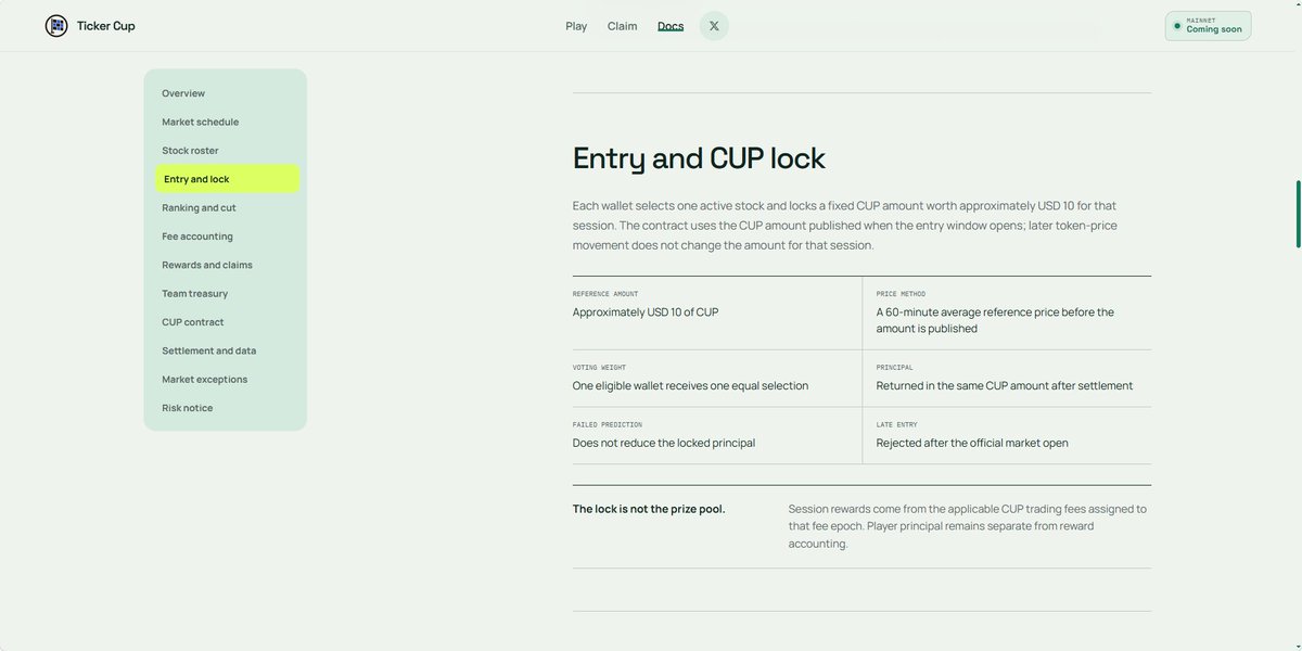 TickerCupGame's tweet photo. Ticker Cup docs are now live:
https://t.co/7P8L1V8uaY

Ticker Cup is a stock-prediction tournament built on Robinhood Chain. Players pick one stock before the opening bell and lock approximately $10 worth of CUP for the round.

After the market closes, the original locked tokens become available for withdrawal regardless of the result. Correct predictions can also receive rewards from the round’s reward pool.

The team is currently testing the complete mainnet flow, including stock selection, dynamic lock amounts, settlement, principal withdrawal, and reward claims.

We’re still preparing the first public round. More updates and a full product demo are coming soon.

Built on @RobinhoodCrypto.