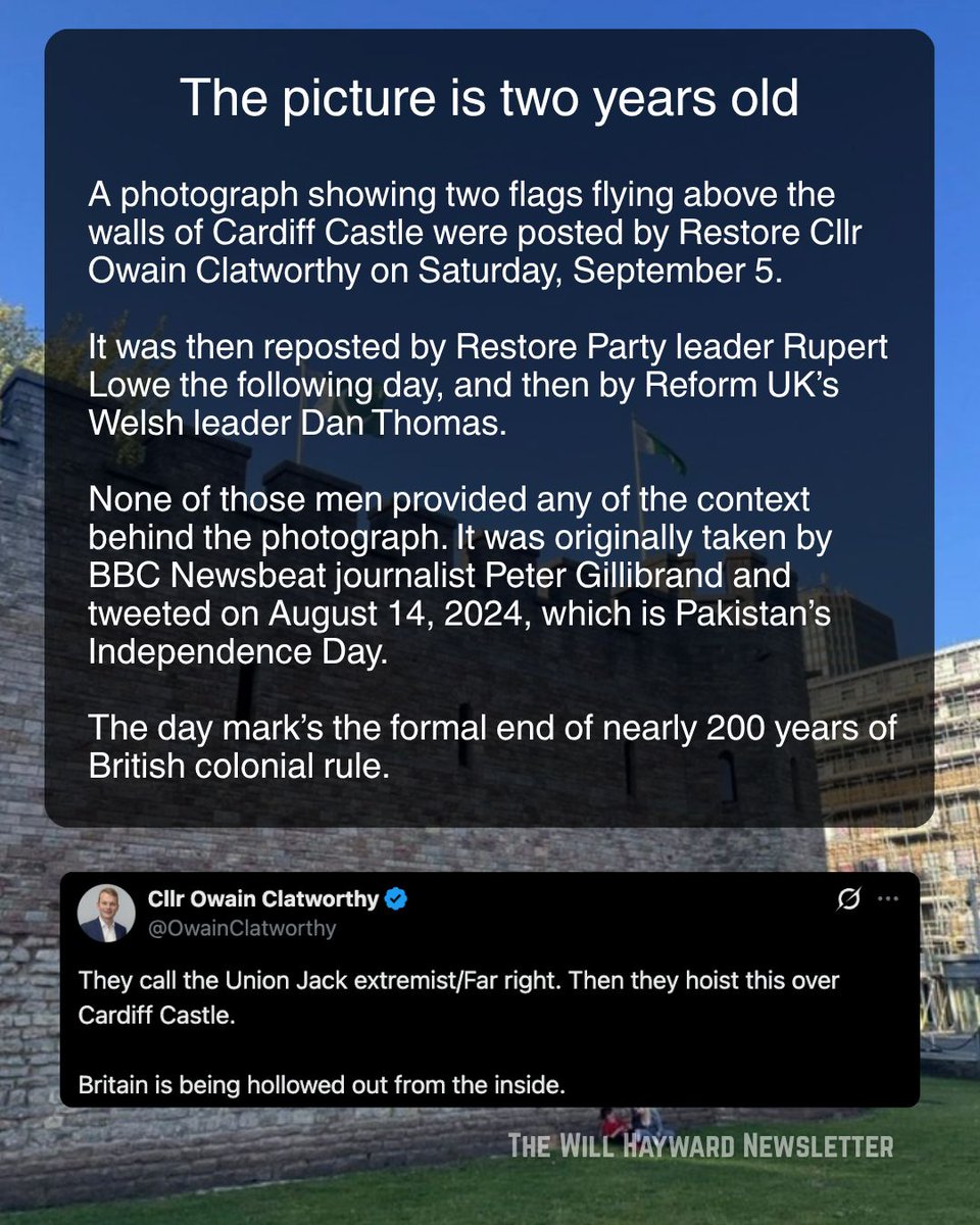 WillHayCardiff's tweet photo. Politicians from Reform and Restore having been losing their minds over pictures of Pakistani flag flying above Cardiff Castle... https://t.co/g64CIPjKZX