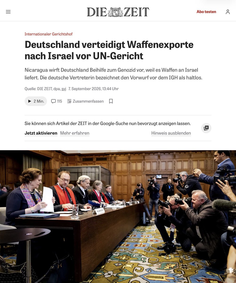 NurderK's tweet photo. Deutschland steht vor dem Internationalen Gerichtshof & verteidigt weiter seine Waffenexporte nach Israel. Der Vorwurf Nicaraguas: Beihilfe zum Völkermord.
Die Antwort der Bundesregierung: haltlos. Und statt die eigene Rolle ernsthaft überprüfen zu lassen, versucht Deutschland sogar, ein Hauptverfahren zu verhindern.

Das ist die deutsche „Staatsräson“ im Jahr 2026: Waffen liefern, Verantwortung abstreiten und dann darüber streiten, ob das Gericht überhaupt zuständig ist.