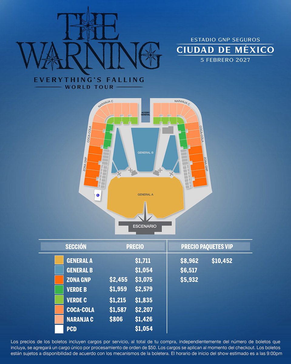 ocesa_total's tweet photo. Aquí tenemos el mapa de precios de The Warning: Everything’s Falling en el Estadio GNP Seguros el 5 de febrero. https://t.co/KInXk0Z2cT