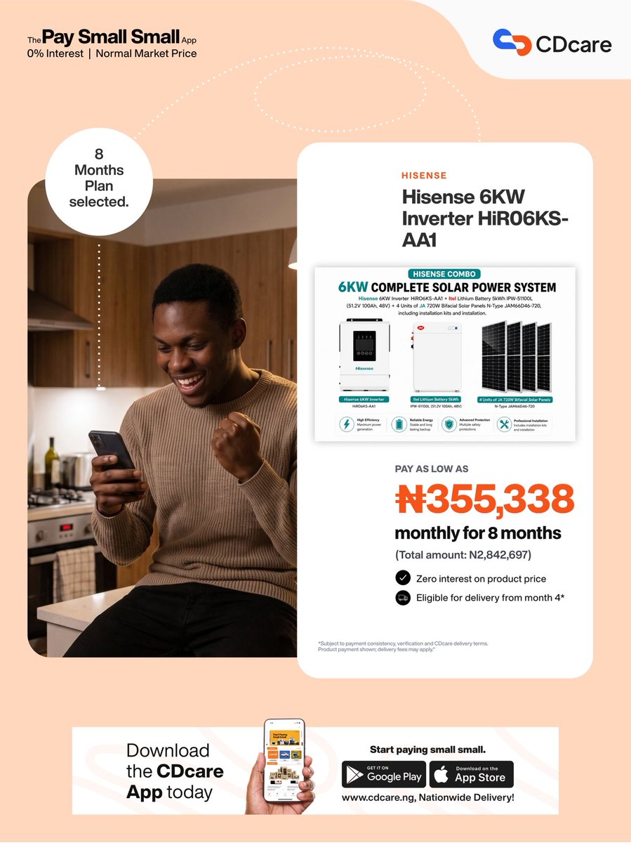 CDcareNG's tweet photo. Need backup power for December?
With the Hisense 6KW Inverter Combo, you can keep things running and enjoy your December without worrying about power.
Get yours on CDcare by paying small small with an 8 month plan to get it in December.
👉 https://t.co/B8h3ApKcmO
#CDcare #PaySmallSmall | https://t.co/2PrWZXbTF3