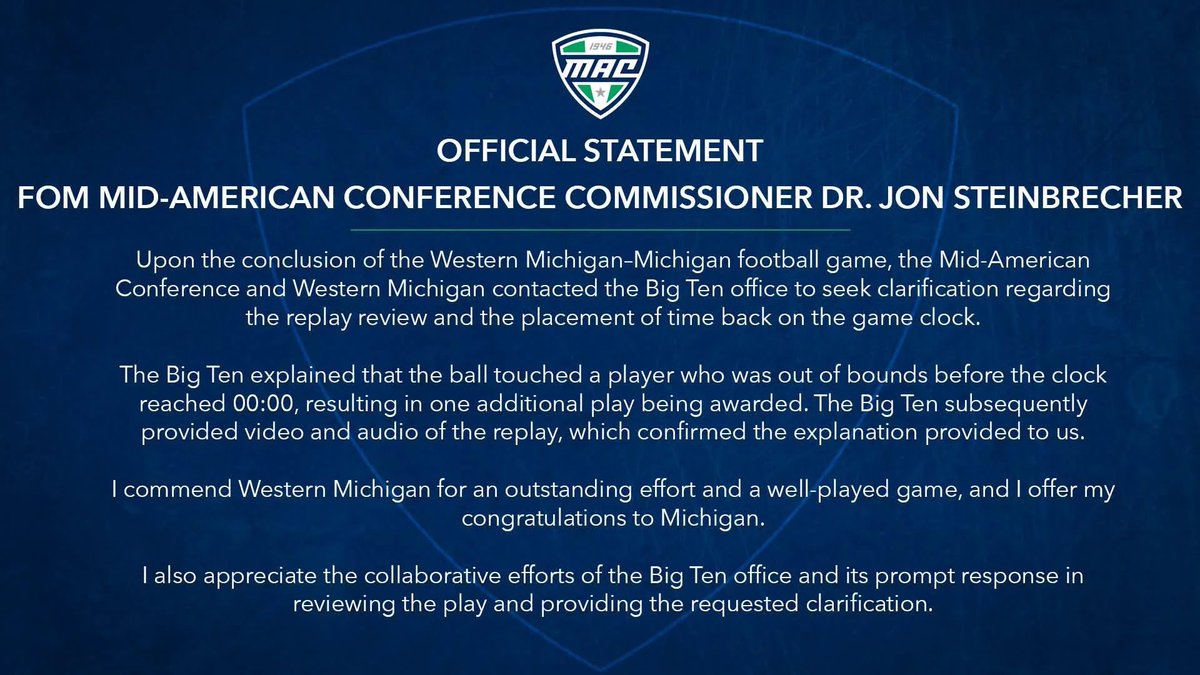 GOBLUEE09's tweet photo. @BRAVOG214 @UMichFootball @AaronBDesigns @CocaCola You didn’t answer it, you showed a picture on a TV with the clock at zero… since you want to post photos, here’s one from the MAC conference who admits the call was right.. https://t.co/Iw0JBh0525