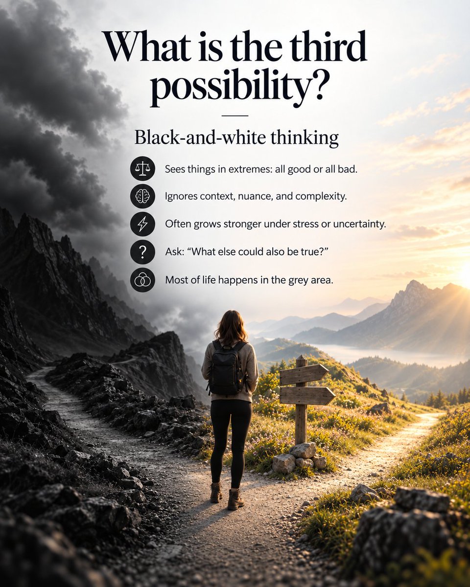 Chat4Clarity's tweet photo. Why do we so often see events as black or white?

Because our brain likes simplicity. It is easier to label something as good or bad, right or wrong, success or failure than to process uncertainty and complexity.

But reality usually lives somewhere in between. https://t.co/4kZJjCidxA