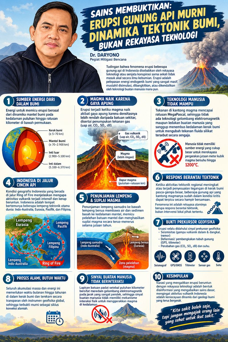 daryono_eq_talk's tweet photo. SAINS MEMBUKTIKAN: ERUPSI GUNUNG API MURNI DINAMIKA TEKTONIK BUMI, BUKAN REKAYASA TEKNOLOGI

Dr. DARYONO, anggota IABI

Tudingan bhw fenomena erupsi beberapa gunung api di Indonesia disebabkan oleh rekayasa teknologi atau senjata konspirasi sama sekali tidak masuk akal secara ilmu kebumian. Dalam terminologi geologi, tektonik, dan geofisika, erupsi gunung api merupakan pelepasan energi endogenik bumi berskala sangat masif yang mustahil disimulasi, dibangkitkan, atau dikendalikan oleh teknologi buatan manusia mana pun.

Energi yg dibutuhkan utk memicu erupsi berasal dari dinamika mantel bumi PADA KEDALAMAN PULUHAN HINGGA RATUSAN KILOMETER di bawah permukaan.

Erupsi tjd ketika magma naik AKIBAT GAYA APUNG karena densitasnya yang lebih rendah dibandingkan batuan sekitar, disertai penumpukan tekanan gas seperti uap air, karbon dioksida, dan sulfur dioksida.

Tekanan di kantong magma ini mencapai ratusan MegaPascal, sehingga TIDAK ADA TEKNOLOGI GELOMBANG ELEKTROMAGNETIK MAUPUN LEDAKAN BUATAN MANUSIA YANG SANGGUP menembus kedalaman kerak bumi untuk mengubah tekanan fluida silikat tersebut secara sengaja.

Kondisi geografis Indonesia yang berada di jalur Cincin Api atau Ring of Fire juga menjelaskan mengapa aktivitas vulkanik terjadi secara intensif dan kerap beruntun. INDONESIA MERUPAKAN TEMPAT BERTEMUNYA BEBERAPA LEMPENG TEKTONIK UTAMA DUNIA, seperti Lempeng Indo-Australia, Eurasia, Pasifik, dan Filipina.

Penunjaman lempeng samudra ke bawah lempeng benua membawa air dan sedimen basah ke kedalaman mantel, memicu pelelehan batuan mantel, dan MENGHASILKAN SUPLAI MAGMA SECARA TERUS-MENERUS SELAMA JUTAAN TAHUN.

Ketika aktivitas tektonik regional meningkat atau TERJADI PENYESUAIAN TEGANGAN DI KERAK BUMI PASCA-GEMPA BESAR, beberapa gunung api yang kantong magmanya sudah dalam kondisi kritis dapat terpicu secara hampir bersamaan.

Fenomena ini merupakan REKAYASA ALAMIAH BERUPA RESPONS BERANTAI TEKTONIK, bukan akibat intervensi lokal oleh pihak tertentu.

Bukti ilmiah lainnya terlihat dari ADANYA SINYAL PREKURSOR GEOFISIKA YANG SELALU MENDAHULUI SETIAP PERISTIWA ERUPSI.

Erupsi TIDAK PERNAH TERJADI SECARA MENDADAK MELALUI TOMBOL KENDALI OTOMATIS, melainkan diawali oleh rekaman seismisitas berupa gempa vulkanik dalam dan dangkal serta tremor akibat rekahan batuan saat magma bergerak naik. Proses geologi yang cukup lama, tidak seperti membalik tangan.

Selain itu, INSTRUMEN GEODESI PRESISI SEPERTI GPS DAN SENSOR TILTMETER MENCATAT ADANYA DEFORMASI ATAU PEMBENGKAKAN TUBUH GUNUNG API JAUH SEBELUM LETUSAN TERJADI, disertai dengan perubahan rasio konsentrasi gas kimia dan peningkatan suhu.

Seluruh proses akumulasi massa dan energi ini MEMBUTUHKAN WAKTU BULANAN HINGGA TAHUNAN di dalam kerak bumi dan terekam secara transparan oleh instrumen geofisika global, sehingga terbukti murni sebagai siklus konveksi alamiah.

Dilihat dari batuan hukum fisika, lapisan batuan padat setebal puluhan kilometer bersifat meredam gelombang elektromagnetik pada jarak yang sangat pendek, sehingga SINYAL BUATAN MANUSIA TIDAK MEMILIKI MEKANISME INTERAKSI FISIK UNTUK MENGGERAKKAN MAGMA di kedalaman.

Manusia TIDAK MEMILIKI SUMBER ENERGI YANG CUKUP BESAR untuk merekayasa pergerakan jutaan meter kubik magma bersuhu hingga 1200 derajat Celsius.

Narasi yang mengaitkan erupsi beruntun dengan rekayasa teknologi merupakan bentuk disinformasi yang MENGABAIKAN SAINS DASAR, mengingat aktivitas vulkanik Indonesia adalah keniscayaan dinamis dari geologi bumi yang terus bergerak.***