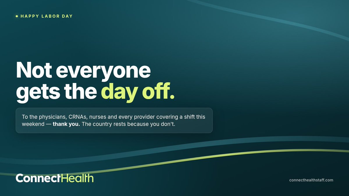 _ConnectHealth_'s tweet photo. Not everyone gets the day off this weekend.

To the physicians, CRNAs, and nurses on shift this Labor Day — thank you. The country rests because you don't. 🩺

Who's working? Reply with your unit 👇

#LaborDay #HealthcareHeroes #LocumTenens https://t.co/hovAIzg3dz