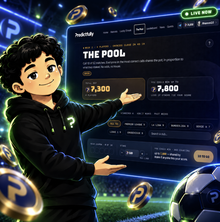 predictfully_'s tweet photo. New Predictfully game is LIVE.

Introducing The Pool.

Pick 10 matches. Call the results. Play for the pot.

Here’s how it works. (1/7) https://t.co/P5G9S2ObSJ