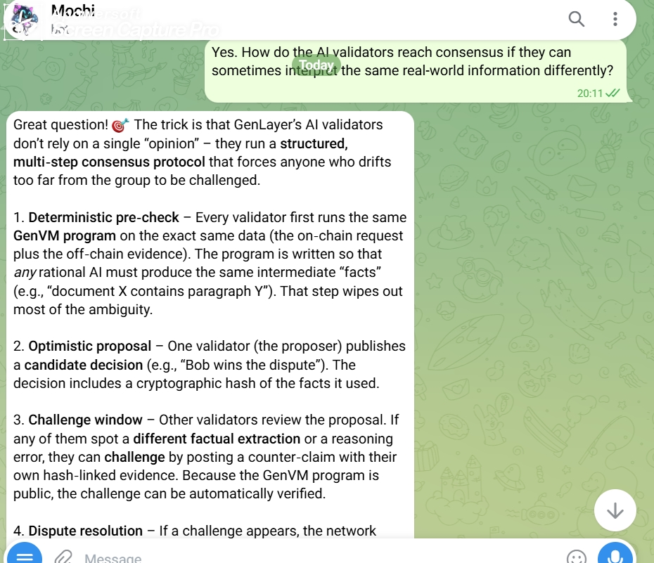 salvarahimi's tweet photo. The biggest takeaway from my conversation with Mochi: blockchains don’t have to be limited to purely deterministic data. GenLayer explores how decentralized AI validators can reason about real-world evidence and turn it into on-chain decisions. @GenLayer https://t.co/JGe4yPgAxt