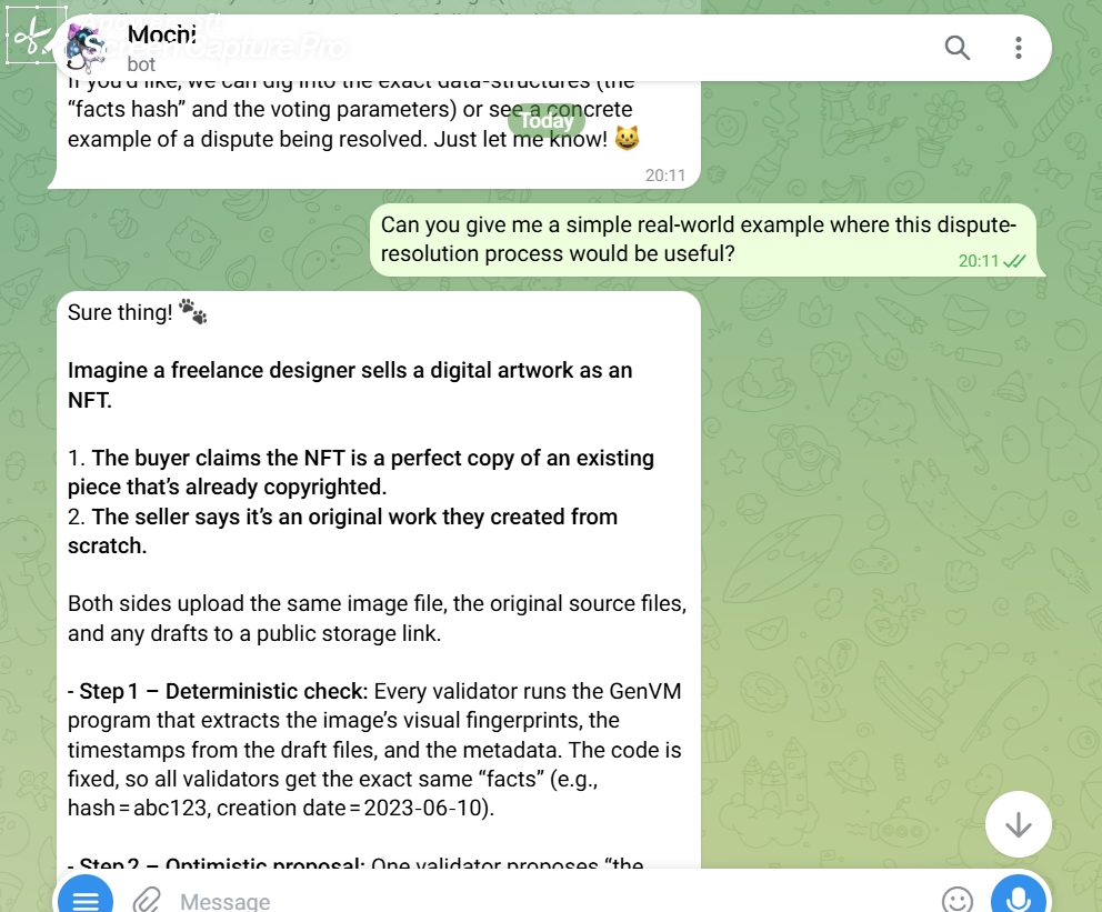 salvarahimi's tweet photo. The biggest takeaway from my conversation with Mochi: blockchains don’t have to be limited to purely deterministic data. GenLayer explores how decentralized AI validators can reason about real-world evidence and turn it into on-chain decisions. @GenLayer https://t.co/JGe4yPgAxt