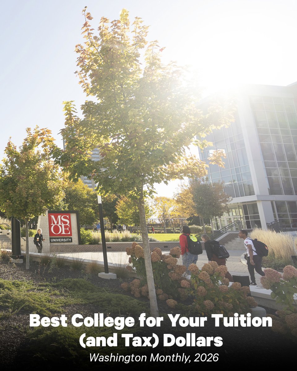 MSOE's tweet photo. Milwaukee School of Engineering has been recognized as a Best College for your Tuition (and Tax) Dollars by Washington @Monthly in its 21st annual College Guide and Rankings list for 2026. https://t.co/JTubZvLCFl https://t.co/DDKofXGGOo