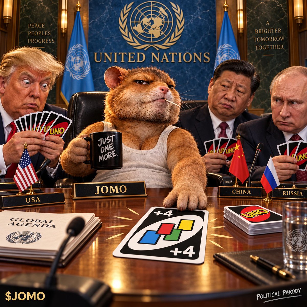 JustOneMoreJOMO's tweet photo. got invited to the UN.
thought they said UNO.
just sanctioned the entire table with a +4.

$JOMO 🐹 https://t.co/JFY7y5ySAo