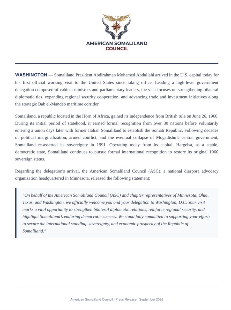 UgbadAbdilahi's tweet photo. For Immediate Release.
#USForeignPolicy #Somaliland https://t.co/VPr4YlFyZu