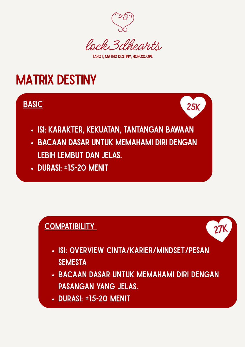 lock3dhearts's tweet photo. Malam! 🌌
Masih melek? 

We’re still open ya buat baca tarot atau Destiny Matrix 🤍

Semua paket interaktif.
Mulai 5k, langsung DM @lock3dhearts 💌 (Testi di pinned 📌)

📦 #zonajajan #zonauang #tarot #destinymatrix #bacatarot https://t.co/nATMcvtuFT