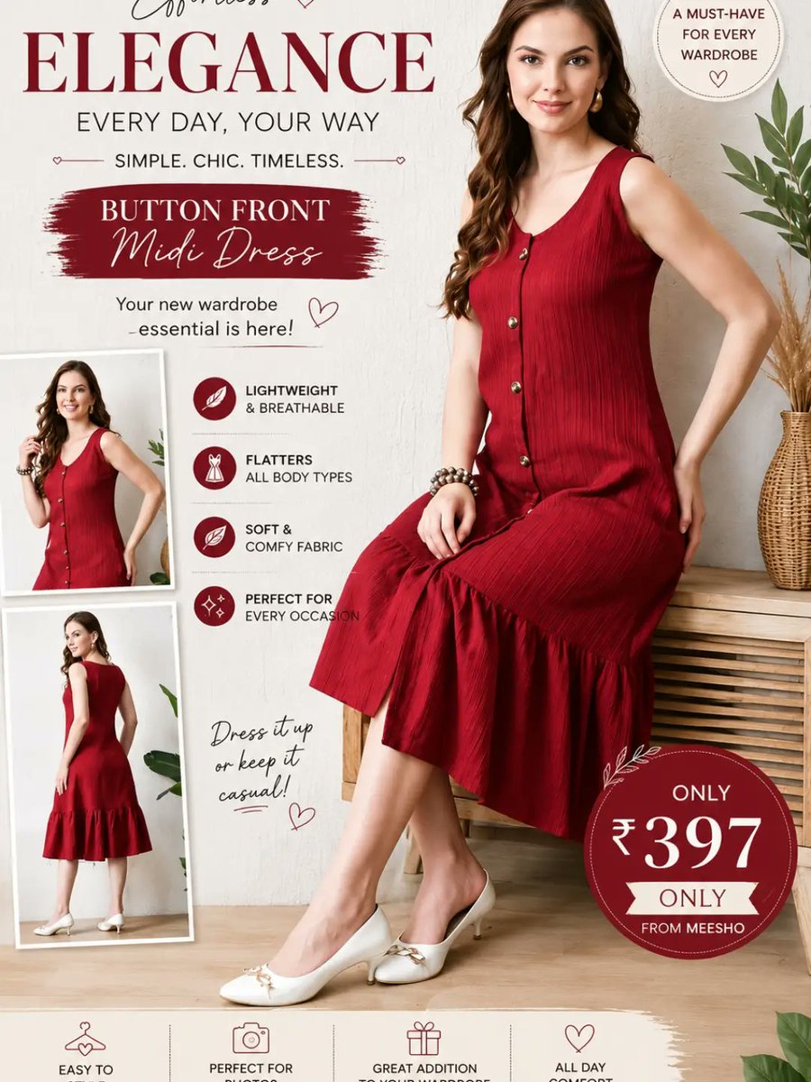 LanieReihing's tweet photo. Elegant Maroon Button-Front Midi Dress

Elevate your everyday style with this chic, sleeveless maroon midi dress featuring a flattering flowy hem. Perfect for outings, college, brunch, shopping, vacations, and everyday looks. Only ₹397 from Meesho. https://t.co/tNnCHhGqFD
