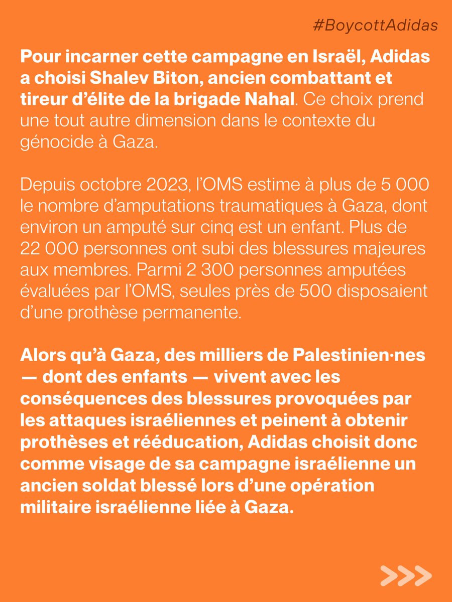 Campagnebds's tweet photo. Face au boycott, @adidas avait cessé tout partenariat avec l’État génocidaire israélien en 2018. Pourtant , Adidas réitère en mettant en avant un ancien soldat génocidaire pour une de ses campagnes d’inclusion destinée au marché israélien. 1/3 https://t.co/bS6GZE7kpj