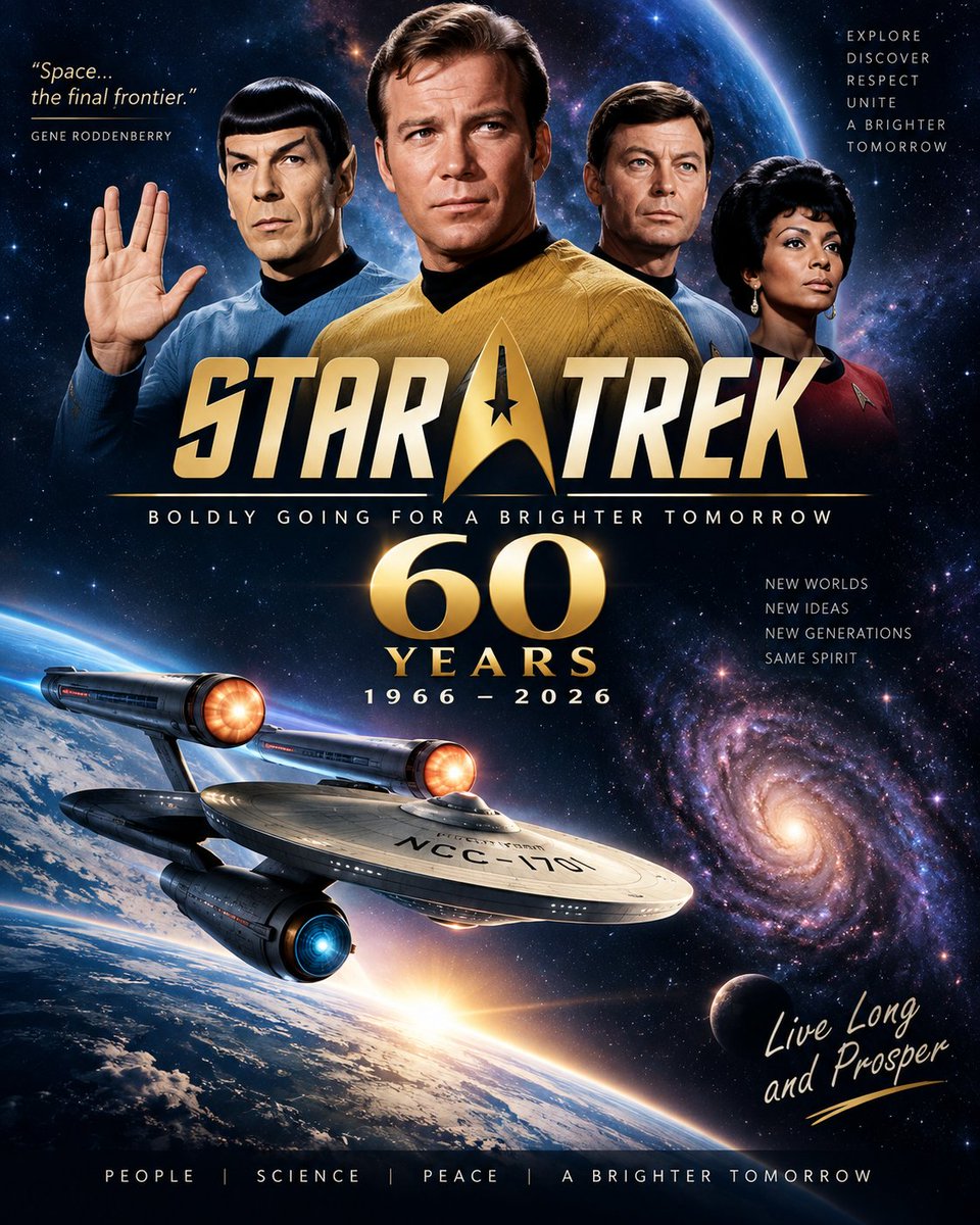 Cipher_Revolt's tweet photo. 🚀🖖 60 YEARS OF STAR TREK

On September 8, 1966, television audiences heard a mission that would become one of the most famous introductions in science fiction:

A starship.

A crew.

A five-year mission into the unknown.

Star Trek had arrived.

Created by Gene Roddenberry, the original series followed Captain James T. Kirk, Spock, Dr. Leonard “Bones” McCoy and the crew of the USS Enterprise as they explored strange new worlds.

📺 The first episode broadcast in the United States was “The Man Trap.”

The original show lasted only three seasons, from 1966 to 1969.

But cancellation wasn't the end.

It was barely the beginning.

🚀 FROM CULT SERIES TO GLOBAL PHENOMENON
Reruns helped Star Trek find an increasingly devoted audience.

Then came:

🎬 Feature films
📺 New television series
📚 Books and comics
🎮 Video games
🖖 Conventions and generations of fans

Characters such as Kirk, Spock and Captain Jean-Luc Picard became pop-culture icons.

Even people who have never watched an episode recognize:

🖖 LIVE LONG AND PROSPER.

But Star Trek offered more than spaceships and aliens.

Its imagined future presented humanity overcoming many of its divisions and working together while exploring questions about:

🌍 Humanity
🤝 Cooperation
⚖️ Ethics
🔬 Science
🕊️ Peace
🌌 Our place in the universe

And some technologies that once looked like pure science fiction — pocket communicators, tablet-like computers and talking to machines — now feel surprisingly familiar.

Today, September 8, 2026, Star Trek celebrates an extraordinary milestone:

🎂 60 YEARS.

From one television series in 1966 to one of science fiction's most enduring universes.

The mission continues. 🚀

🖖 LIVE LONG AND PROSPER.

#StarTrek #StarTrek60 #StarTrekDay #SciFi #OnThisDay #TelevisionHistory #September8