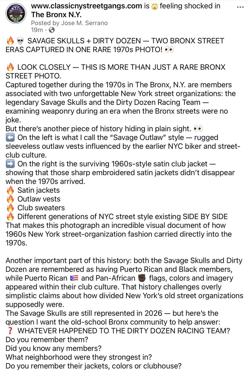 kingklast's tweet photo. 🔥💀 SAVAGE SKULLS + DIRTY DOZEN — TWO BRONX STREET ERAS CAPTURED IN ONE RARE 1970s PHOTO! 👀
#SavageSkulls #DirtyDozen #BronxStreetHistory #ClassicNYStreetGangs #KingKlastArchives https://t.co/hpTHroTtzd