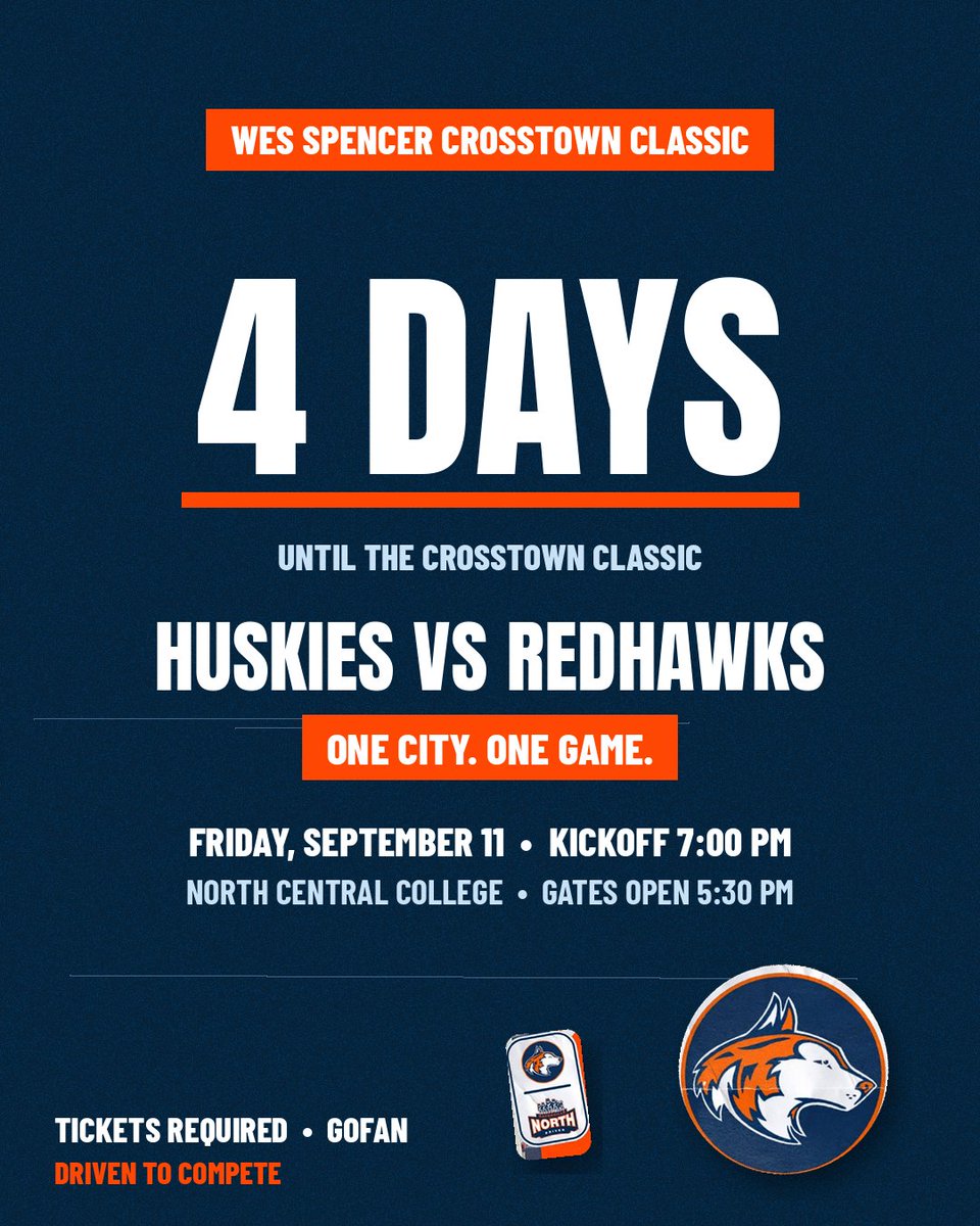 NNHS_Athletics_'s tweet photo. 🏈 4 DAYS. ONE CITY. ONE GAME. 

The Wes Spencer Crosstown Classic is coming. Huskies vs. Redhawks — Friday, September 11 — 7:00 PM at North Central College. 

Gates open at 5:30. It's also our Salute to Service night, honoring those who serve our country and our community. 

No school today — the perfect time to lock in your plans and grab your tickets. This one WILL be packed. 

🎟️ Tickets on GoFan + full game day info: https://t.co/bVAB3czLQ9

Get ready, Huskie Nation. 

@huskiefb @wachtel_nnhs @nnhsboosters 

Driven to COMPETE